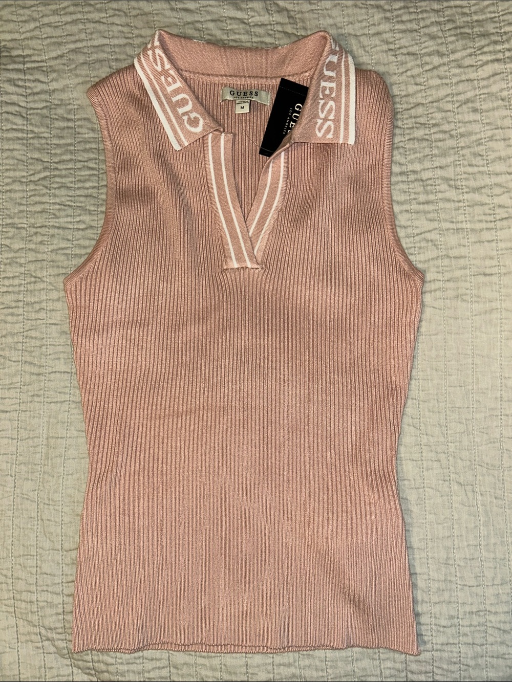 GUESS Ribbed Collared Polo Tank in Blush Pink
